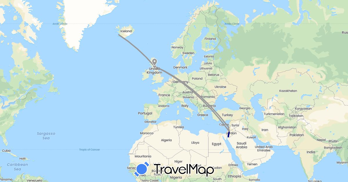 TravelMap itinerary: driving, plane in United Kingdom, Iceland, Jordan, Lebanon (Asia, Europe)